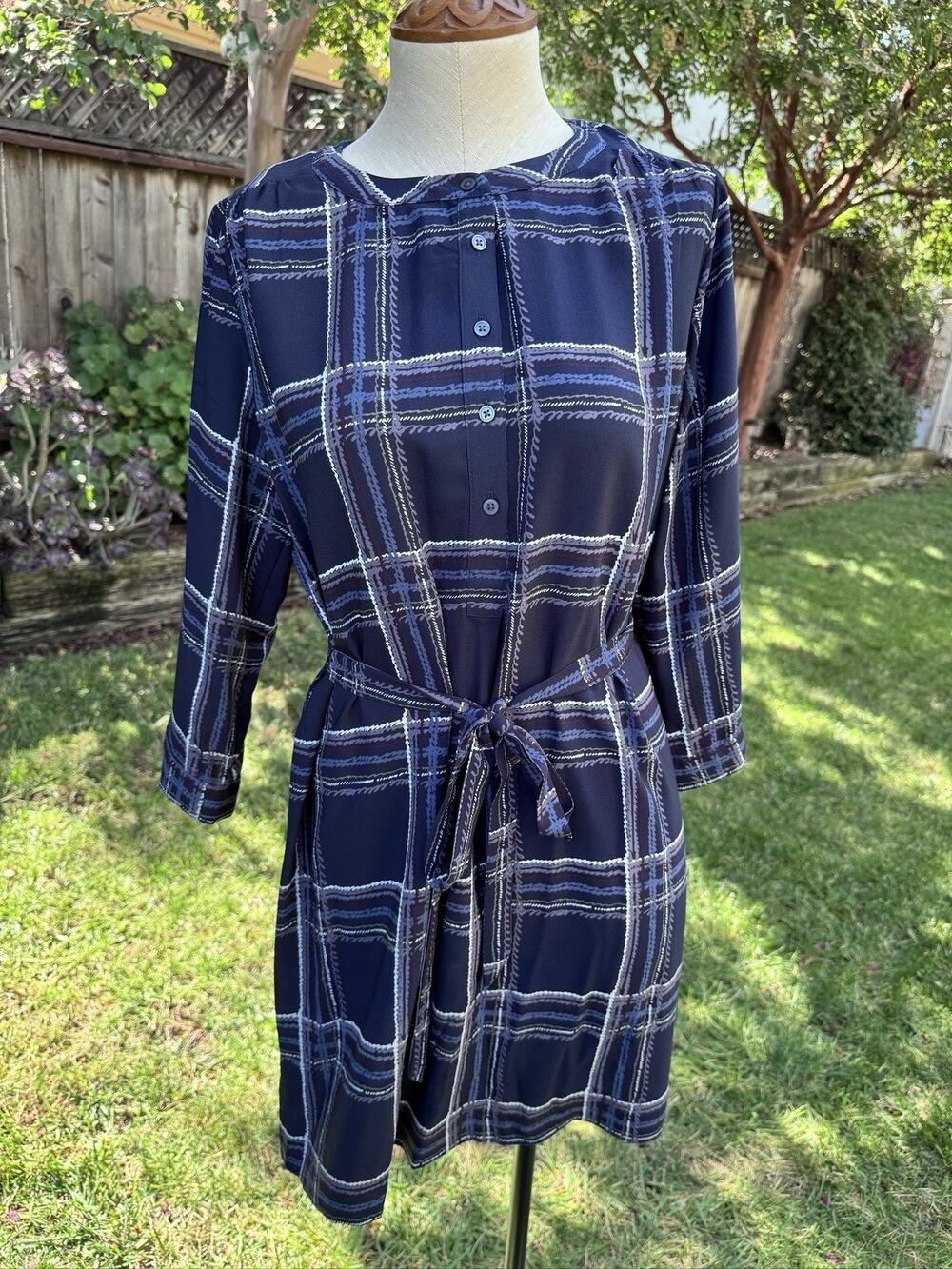 LOFT Petite M Shirt Dress Women’s Short Plaid 3/4 Sleeve Button Business Casual
